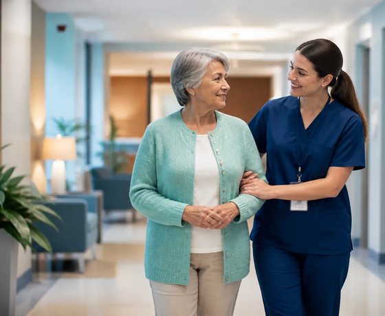 Nurse walking with an older patient in a bright clinic