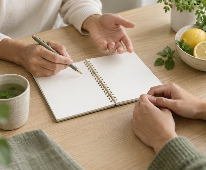 Dietitian and patient planning meals with fresh food on the table